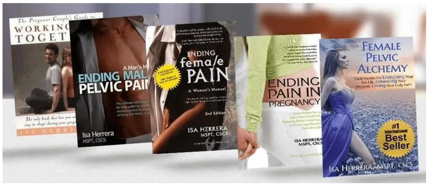 Five books by Isa Herrera fanned out, including Female Pelvic Alchemy and Ending Female Pain.