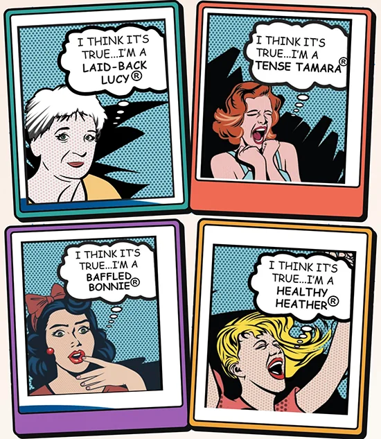 Four pop art comic panels, each a woman on teal with a thought bubble naming her V-Type.