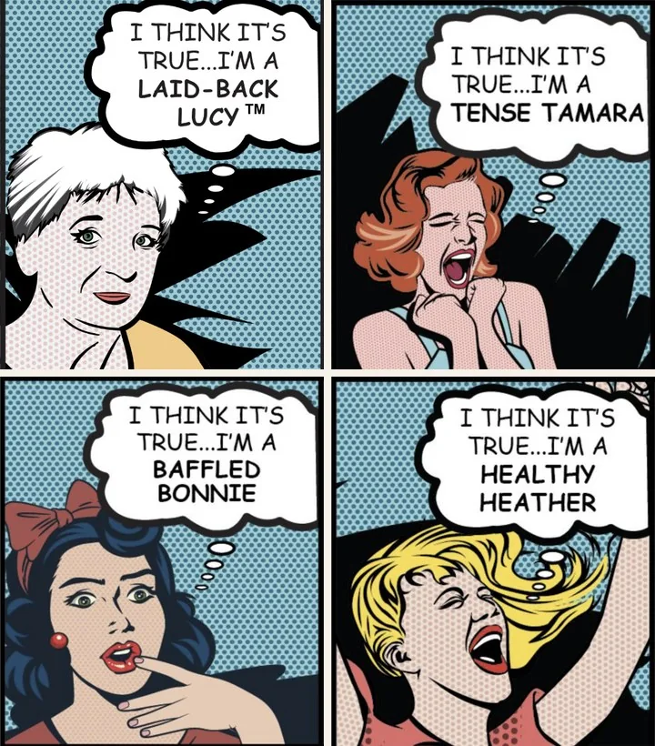 Four comic panels naming the V-Types: Baffled Bonnie, Laid-Back Lucy, Tense Tamara, Healthy Heather.